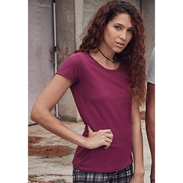 Womens t-shirt. Soft hand feel. Shaped side seams for a feminine fit. Performs at 60 degree wash. Crew neck with Cotton/ Lycra rib and twin needle stitching. Self-fabric shoulder to shoulder taping. Material: 100% ring spun cotton.