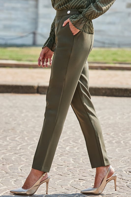 Add them to your work-to-weekend rotation Cut for a chic tapered silhouette Elevated with a luxe gold button detail waistband Ankle-grazing hem you'll wear with heels, boots and flats Effortlessly chic with a roll neck and courts A silky blouse will take you from desk to dinnerInside leg to fit: Short 29" | Regular 31" | Long 33"