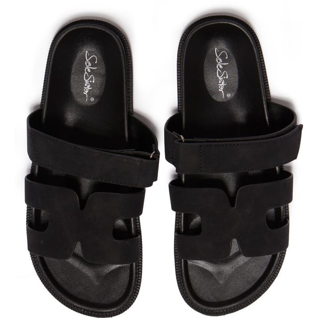Zwarte Solesister hope-voetbedsandalen voor dames, vervaardigd met kunststof en een synthetische zool. Kenmerken: klittenbandsluiting aan de bovenkant voor pasvorm en synthetische voering en sok.