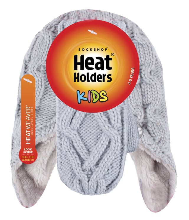 Introducing these cable cosy knitted-like design on hats and mittens for girls! For a much warmer and cosy feel, these Heat Holders matching set of hats and mittens include Heatweaver® insulation which is a plush fur-like thermal lining that maximizes the amount of warm air held close to the skin. Heat Holders use a specially developed thermal yarn provides high performance insulation against cold with superior moisture breathing abilities. Their stretchable construction contours around the natural shape of your body for improved fit, warmth and comfort. These hats feature an adorable pom pom detail on the top of the hat, and the end of the long ear flaps, further providing more warmth and comfort to your child's head. The mittens feature a cosy turn over cuff which enables you to adjust the cuff at the wrists. The cable knit design offers a Winter look which will complete any Winter ensemble! Whether you're looking to keep your daughter warm or look stylish, these cute hat and mittens will do just the job this Winter! Let your child play in snow whilst staying warm in these super soft winter collection. Stock up for the cold season with these lovely Heat Holders warm and mittens for your child. These hat and mittens come in 4 different colours of Frost Grey, Buttercream, Dusty Blue, and Dusky Pink. They are available in ages 3-6 years.