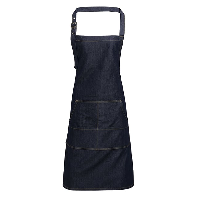 Pack of 2. Denim bib apron with contrast stitching. Adjustable buckle on the neckband. Copper rivets. Four pocket compartments. 86cm long and 72cm wide. Washing Instructions Domestic wash 60c, Industrial laundry 85c. Fabric 70% Cotton, 30% Polyester twill.