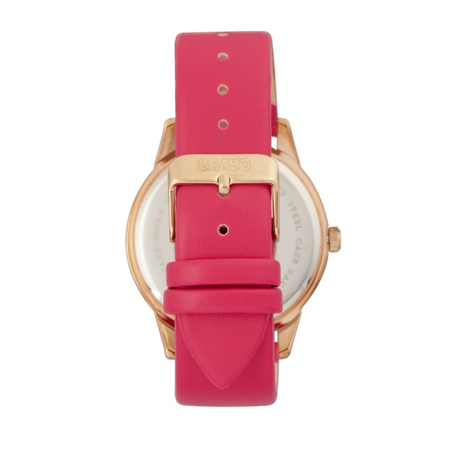 Polished Alloy Case; Japanese Quartz Movement; Non-Glare Scratch-Resistant Mineral Crystal; Logo-Engraved Stainless Steel Caseback; Leatherette Strap; Logo-Engraved Stainless Steel Clasp; 41mm Case Diameter; 3ATM Water Resistance;
