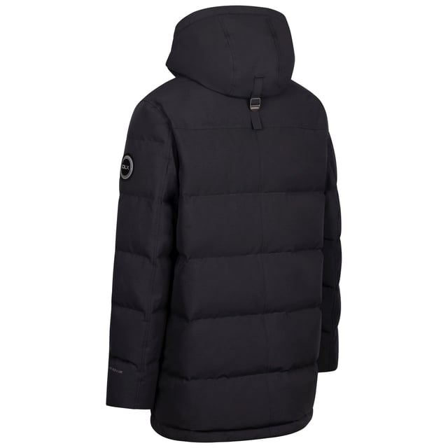 Outer Materials: 55% Cotton, 45% Polyester. Lining Material: 100% Polyester. Filling Material: 80% Down, 20% Feather. Design: Text. Fabric Technology: TPU Membrane. Neckline: Hooded. Cuff: Inner Knitted Cuff, Inner Ribbed. Sleeve-Type: Long-Sleeved. Hood Features: Toggle Adjuster. Length: Long. Pockets: 2 Lower Pockets, Zip, 1 Inner Pocket, 1 Chest Pocket. Fastening: Full Zip, Snap Closure, Two Way Zip. XXS: 33 in. XS: 35 in. S: 37 in. L: 43 in. XL: 46 in. XXL: 48 in.