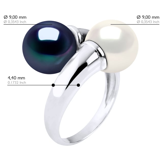 Ring \"You \u0026 Me\" Bulk - 2 äkta odlade sötvattenspärlor runda 9-10 mm -Silver 925 Rhodiumpläterad - FÄRG \"NATURLIG VIT\" + \"SVART TAHITIAN STYLE\" - finns i storlek jämna nummer från 48 till 62 - Levereras i ask och med sitt äkthetsintyg och internationella garanti - MADE IN FRANCE