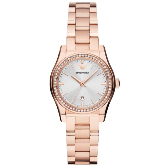 This Emporio Armani Federica Analogue Watch for Women is the perfect timepiece to wear or to gift. It's Rose Gold 32 mm Round case combined with the comfortable Rose Gold Stainless steel watch band will ensure you enjoy this stunning timepiece without any compromise. Operated by a high quality Quartz movement and water resistant to 5 bars, your watch will keep ticking. This elegant, fashionable watch set with beautiful stones is a perfect gift for New Year, birthday,valentine's day and so on This Analogue watch has a Calendar function: Date High quality 19 cm length and 15 mm width Rose Gold Stainless steel strap with a Deployment clasp Case diameter: 32 mm,case thickness: 9 mm, case colour: Rose Gold and dial colour: Silver