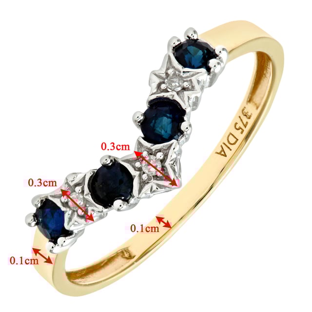 9K (375) geel goud: 1,4 gram; # Diamant: 0,02 ct; # Saffier: 0,4 ct