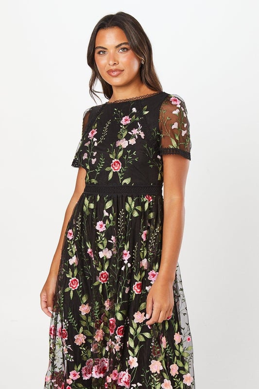 Lace Trim Detail Embroidered Mesh Midi Dress