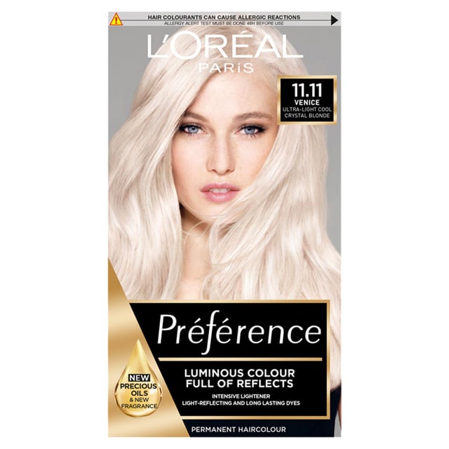 1pk L'Oreal Paris Preference Permanent Hair Colour, 11.11 Ultra Light Crystal Blonde

Preference by L'Oréal Paris is an expert on fade-defying hair colour. The permanent hair dye provides a rich and long-lasting hair colour with optimal grey hair coverage.

LUMINOUS COOL BLONDES FULL OF REFLECTS: The translucent gel formula gives your hair a blonde shade with luminous cool reflects and intensifies the natural nuances of your hair colour.
OPTIMAL GREY COVERAGE: This hair dye gives you optimal grey coverage. If you hesitate between two shades, choose the lightest between the two.
PERMANENT HAIR COLOUR: Discover the unique cool blondes of Préférence with light-reflecting dyes, for luminous and sophisticated colour. Intense natural colour with permanent results. Always follow the instruction leaflet and read the safety information.
ULTRA COOL SHADES: Shades created with the perfect mix of cool dyes: with ashy and pearlescent reflects.

Direction for Use:
STEP 1 – BEFORE COLOURING: Remember to be colour safe and always do your patch test 48 hours before use, even if you have already used colouring products before.
Please follow the instruction leaflet and read the safety information.
STEP 2 – PREP: Cover your shoulders with a towel and put on the gloves. Open the colouring bottle and pour it entirely into the developer bottle. Close with the applicator tip and shake it to obtain a completely even mixture. Twist off the applicator tip immediately to avoid bursting and damage from the product overflowing.
STEP 3 – APPLY COLOUR: Part your hair into small, even sections and apply the colour. Refer to instructions for development time. Apply conditioner and then rinse thoroughly.

Box Contains: 1x L'Oreal Paris Preference Permanent Hair Colour, 11.11 Ultra Light Crystal Blonde