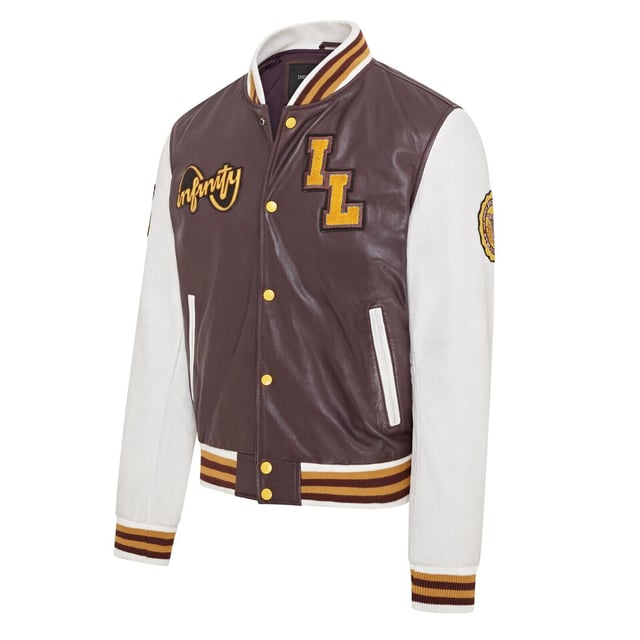 Introducing the Men's Baseball Leather Jacket, a perfect blend of classic varsity style and modern craftsmanship. This letterman bomber jacket features contrasting sleeves and a striped knit ribbed collar, waistband, and cuffs for a timeless athletic look. The press studs front closure and embroidered brand logo patches on the chest and sleeves add a touch of authenticity and flair. Designed with practicality in mind, it includes two jet pockets at the waist and two inside welt pockets for your essentials. The panelling to the back of the jacket ensures a tailored fit and superior comfort.

Contrasting sleeves for a stylish look
Striped knit ribbed collar, waistband, and cuffs for a classic finish
Press studs front closure for easy wear
Embroidered brand logo patches on the chest and sleeves for added detail
Two jet pockets at the waist and two inside welt pockets for convenience