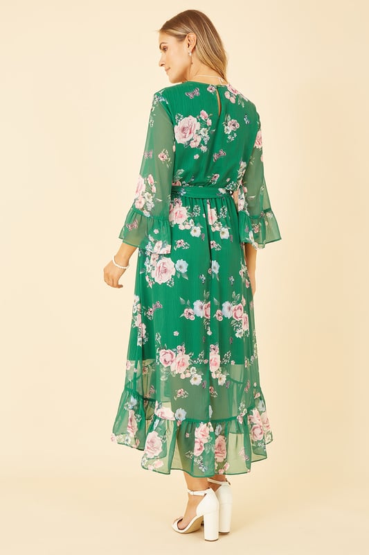 knee length dresses for ladies Yumi Green Viscose Paisley Print Lace Trim Midi Sun Dress – The Oxygen  Lifestyle main image 0