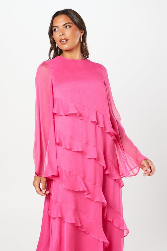 Long Sleeve Ruffle Trim Lightweight Chiffon Midi Dress