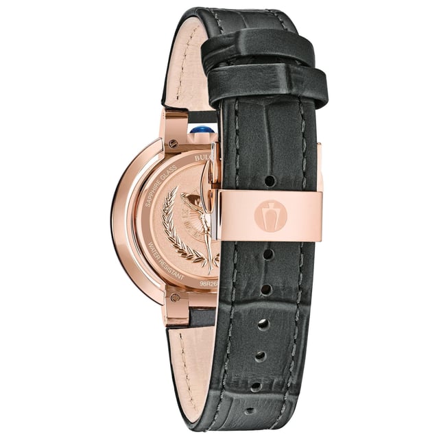 This Bulova Rubaiyat Analogue Watch for Women is the perfect timepiece to wear or to gift. It's Rose Gold 35 mm Round case combined with the comfortable Grey Leather watch band will ensure you enjoy this stunning timepiece without any compromise. Operated by a high quality Quartz movement and water resistant to 3 bars, your watch will keep ticking. This elegant, fashionable watch setted with beautiful diamonds is a perfect gift for New Year, birthday,valentine's day and so on High quality 19 cm length, 16 mm wide Grey Leather strap with a Buckle Case diameter: 35 mm, Case height: 8 mm and Case color: Rose Gold/Dial color: Mother of pearl