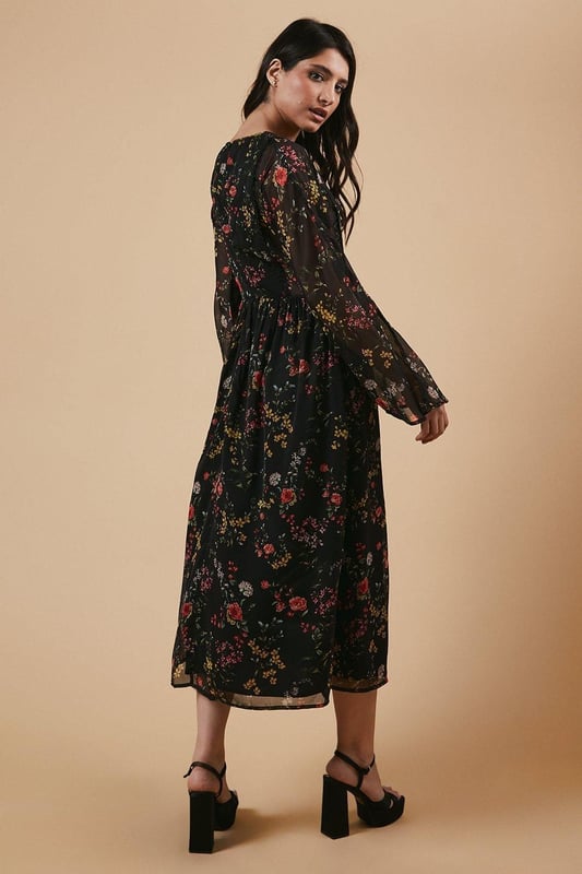 Floral Chiffon Lace Trim Batwing Sleeve Midi Dress