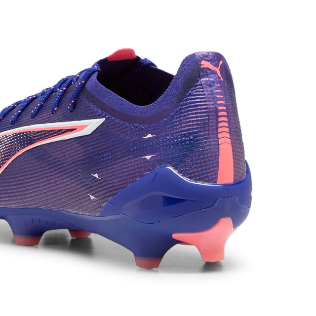 PRODUCT STORY: Fasten your seatb. . .we mean laces. With the ULTRA 5 football boot, you get the speed and sensation of a finely tuned machine at your feet. Built on engineering insights from PUMA Motorsport, the brand-new SPEEDSYSTEM outsole and FastTrax stud design are precision-engineered to take you from kick-off to back-of-the-net faster than you can say: lights out.  FEATURES & BENEFITS: ACCELERATION: The SPEEDSYSTEM outsole design combines a high-performance fibre base material with a revolutionary stud system, maximising energy return for faster acceleration; TRACTION: FastTrax stud design using insights from academic research and traction studies to provide more traction while accelerating, cutting and breaking; STABILITY: PWRTAPE SQD support frame stabilises the foot inside the boot without hindering agility or freedom of movement; The upper of this shoe is made with at least 50% recycled materials. DETAILS: Lightweight mesh upper; Lightweight removable sockliner with NanoGrip technology keeps the foot from slipping inside the boot; OrthoLite® heel cushioning for better lockdown; SPEEDSYSTEM outsole; Regular to narrow fit; Low-cut slip-on construction; FG: Suitable for use on firm ground.
