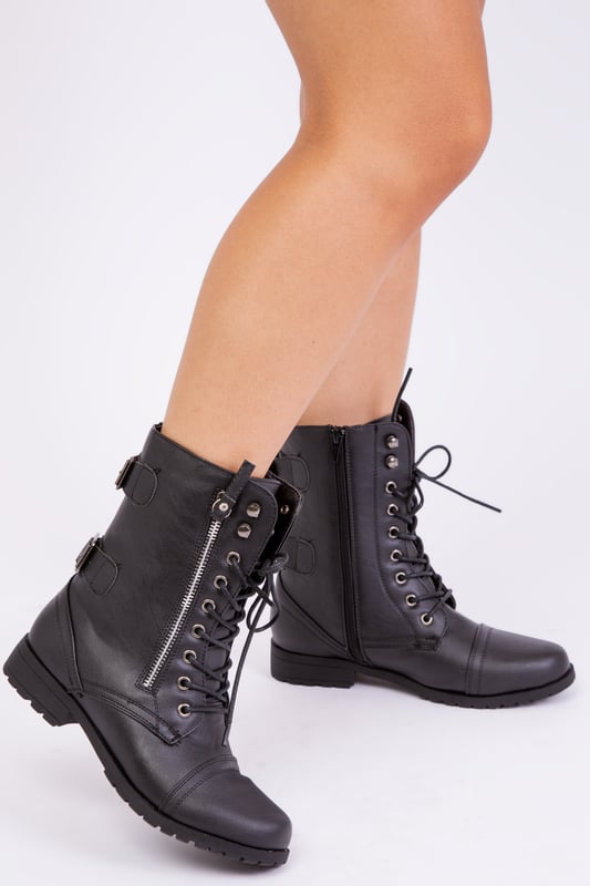 Women's black army style boots discount