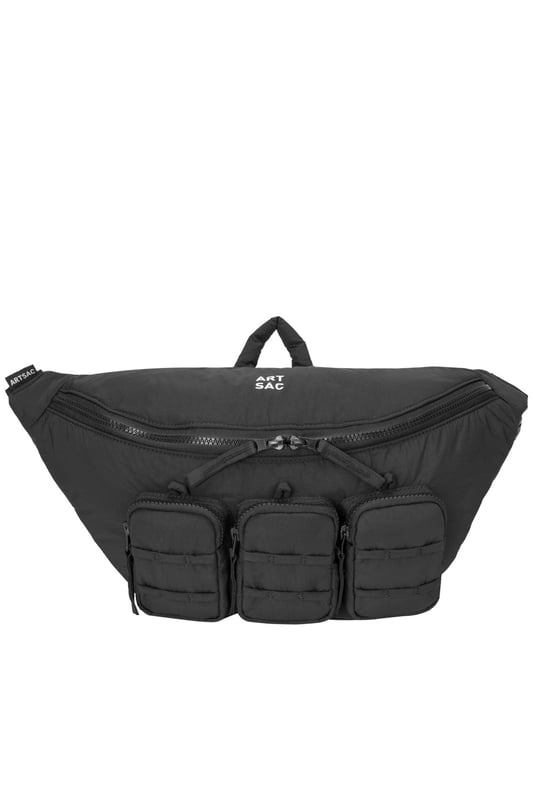 The perfect practial edition to any outfit. This unique triple-pocket design sling bag has enough internal and external space to carry all your every day essentials. Features: , Padded lightweight nylon, Water resistant, Zip top opening to main compartment, ARTSAC screen printed logo, Triple front zip pocket with loops, Internal zip pocket, External rear zip pocket, Top grab handle, 2 Mobile phone internal net pockets, Adjustable shoulder strap allowing backpack styling or bum bag styling Style Ref: 52014 BLACK