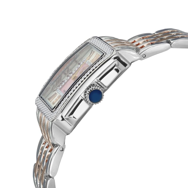 Decadence is in the details.      The Padova Collection by Gevril shares its name with the Italian city that has inspired artists for centuries. From Shakespeare to Giotto, Padova has set the stage for numerous timeless works of art, so it’s only fitting this series of watches features delicate detailing and expert craftsmanship. From the stunning, diamond cut ring dial to the anti-reflective sapphire crystal face, each enthralling element of this timepiece is made to precision. Contrasting roman numeral markers surrounding the face contrast with the dial, and 3 diamonds lay nestled at the VI mark. The square bezel is available in a myriad of metals and features a push-pull crown. This Swiss-Movement watch is water resistant for 30 meters. Dazzle in diamonds and enduring elegance with a timepiece from the Padova Collection.

GV2 12312B Women's Padova Swiss Diamond Watch

GV2 Women's Swiss Watch from the Padova Collection
27.5 mm Rectangle Silver case, push pull crown
Stunning Pink MOP dial with Diamond Cut ring on dial, 3 Diamonds at 6.00
316L Stainless Steel Two toned IP Rose Gold Bracelet with Deployment Buckle
Anti-reflective Sapphire Crystal
Water Resistant to 30 Meters/3ATM
Swiss Movement Ronda 762