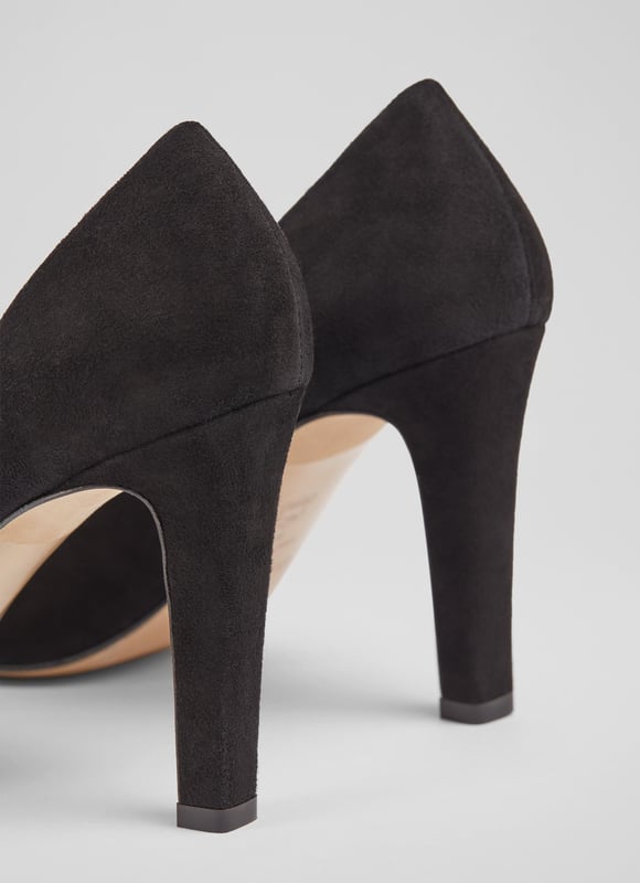 LK Bennett Evelyn Closed Courts, Black A high-heeled court with chic detailing, our Evelyn courts feel a little dressier than the classic styles. Beautifully-crafted in Italy from super-soft black suede, they have a round toe, a gold eternity ring embellishment - which is exclusive to LKB - a sleek shape and an elegant stiletto heel. Wear them to work or for spring occasions.