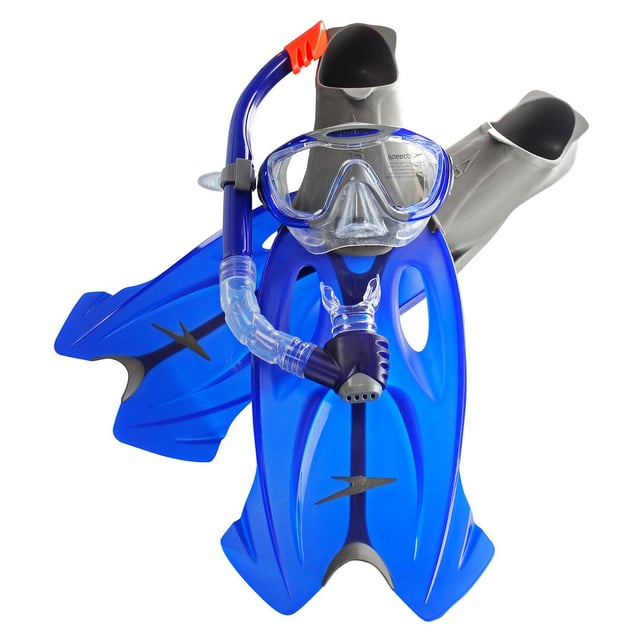 The Snorkel Speedo Glide Mask set, snorkel tube and fins has been manufactured in high quality materials that guarantee the safety of the user. The diving mask has a tempered glass lens that has an excellent viewing angle and maximum safety, while the tube has a universal nozzle and a drain valve for quick and effective cleaning. 
Characteristics: 
- Side adjustment clips 
- Includes goggles, fins and tube