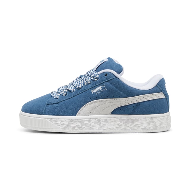 Zapatillas Puma Suede XL Lace para mujer, azules, fabricadas en ante y suela de goma. Presentan: parte superior de ante suave, cuello acolchado y cordones anchos.