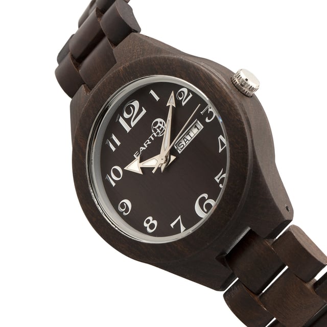 Eco-Friendly Sustainable Wood Case; Quality Japanese Quartz Movement; Non-Glare Scratch-Resistant Mineral Crystal; Logo-Engraved Wood Caseback; Eco-Friendly Sustainable Wood Bracelet; Logo-Engraved Stainless Steel Push-Button Deployment Clasp; Day Display; Date Display; 41mm Diameter; Splash Resistant; Due to Seasons and Aging of Wood colors may be darker or lighter than pictured.;