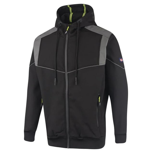 95% Polyester, 5% Elastane. Fabric: Bonded, Softshell, Stretch. Lining: Brushed Fleece. Design: Logo, Plain. Fabric Technology: Lightweight, Thermal, Windproof. Branded Sleeve, Reflective Detail, Side Seams. Neckline: Hooded. Sleeve-Type: Long-Sleeved. Cuff: Ribbed, Stretch. Hood Features: Drawcord, Sew-On. Pockets: 2 Side Pockets, Zip. Fastening: Full Zip. Hem: Ribbed, Stretch. L: 38 in. XXL: 46 in. 3XL: 48 in.