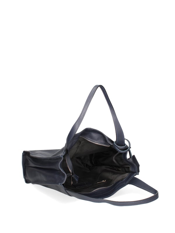 Bolso bandolera para mujer. El cierre es con cremallera. Los bolsillos internos son uno con cremallera y otro abierto. Los bolsillos externos están ausentes. Falta la correa para el hombro. El mango es de cuero. Hay un compartimento interno. El material exterior es piel auténtica tipo dólar. Internamente está forrado en tejido 70% algodón - 30% poliéster. Medidas: 34x32x11 cm. Hecho en Italia