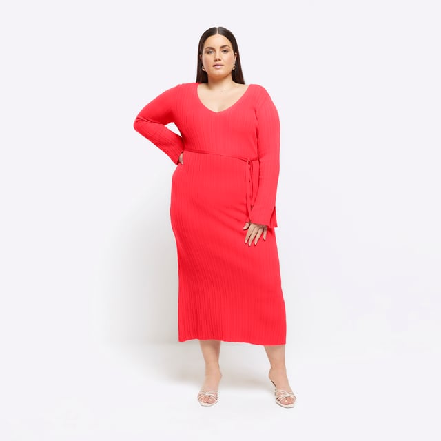 Plus collection, Knitted rib fabric, Tie waist, Crew neckline, Long sleeves, Split hem, Maxi length, Plus Size Guide