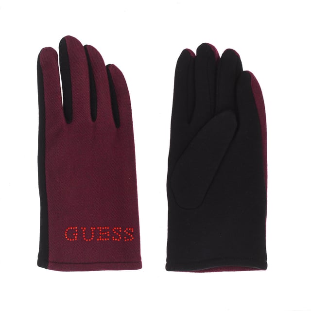 Guess gloves.
 Brand logo with sequins on the front.
 Thermal and soft fabric.
 Composition: 85% Polyester, 15% Viscose
 Care:
Wash maximum at 30º
 -Do not dry clean.
 -Do not iron.
 -Do not use bleach.
 -Do not use dryer.