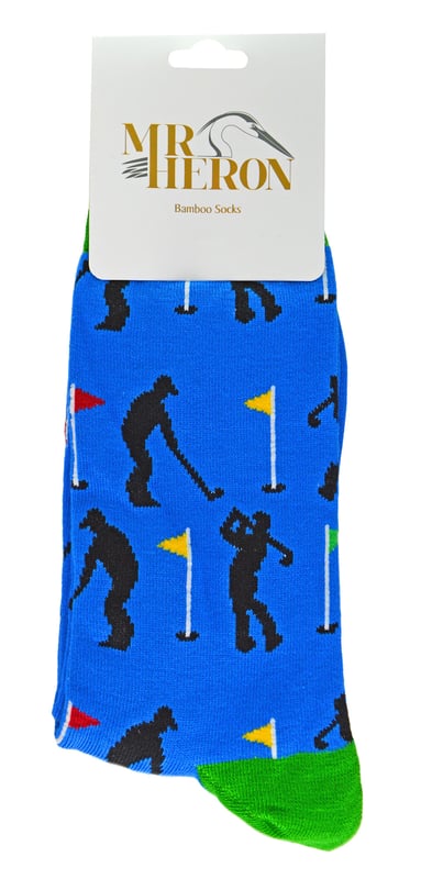 Are you looking to get yourself some new socks for Spring or Summer but you’re sick of the boring plain colours out there? Well these great Novelty Bamboo Golfer Socks are perfect for someone who loves playing a few rounds of Golf. These socks will keep your toes warm, comfy and very breathable with the natural bamboo fibres which is known for being super soft. The bamboo not only makes them super soft and breathable but it is ideal for sensitive skin. These colourful bamboo socks come in a unique design of golfer silhouettes and golfing holes and are available in blue with a green heel & toe design. They would even make a brilliant gift for Birthdays or even Christmas! Mr Heron prides their products on the philosophy of making your feet feel fabulous all year round. Whether it's their chic and stylish products, they bring you unique, exciting and fashionable accessories, full of individuality to give you the confidence to be you. This range of socks are made from 51% Bamboo, 20% Cotton, 19% Polyester, 8%Polyamide, 2% Elastane. They are Men’s sizes 6-11 UK. Machine washable under 40. Do not dry clean. Do not iron. Do not bleach.