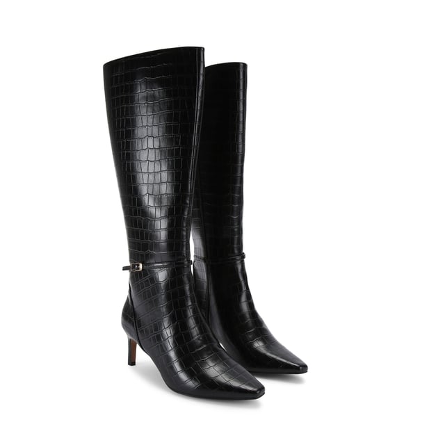 This Carvela Impress High Boot features an across embossed upper in black. There is a thin ankle strap with gold buckle. This product features All Day Long technology.