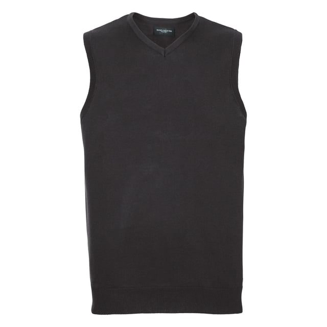Sleeveless version of Russells classic, easy care V-neck pullover - for stylish layering over shirt or polo. Easy care CottonBlend that combines the coolness and lightness of cotton with the softness, warmth and stain resistance of acrylic. Elastane on waistband trim to retain shape and smart appearance. Contemporary styling. Quick to dry. Extensive size range. Washable at 40 degrees and tumble dryable. Fine gauge knit provides an excellent surface for embroidery and badging. Weight: 275g/m². Fabric: CottonBlend 50% Cotton, 50% Acrylic. Size: XXS Chest To Fit (ins) 32-34. XS Chest To Fit (ins) 34-36. S Chest To Fit (ins) 36-38. M Chest To Fit (ins) 38-40. L Chest To Fit (ins) 40-42. XL Chest To Fit (ins) 42-44. 2XL Chest To Fit (ins) 44-46. 3XL Chest To Fit (ins) 46-48. 4XL Chest To Fit (ins) 48-50. RUSSELL COLLECTION - a variety of Mens and Womens corporatewear in a wide range of styles, colours and sizes.