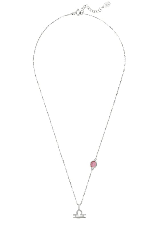 The Zodiac Libra Birthstone Necklace Pink Tourmaline Silver presents the scales' constellation in cubic zirconia, elegantly leading to a lab-created Pink Tourmaline which is set along the 40-45cm chain. This piece, set in 925 sterling silver, mirrors Libra's pursuit of balance and harmony, with Pink Tourmaline fostering compassion and gentleness, aligning with Libra's diplomatic nature in the stars.If you celebrate a birthday between Sep 23 - Oct 22, find harmony with this zodiac necklace. This balanced piece celebrates Libra's love for beauty and equilibrium, making it an ideal accessory for those who seek serenity.