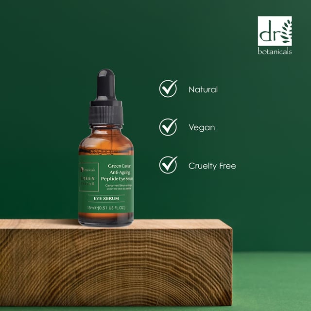 Dr Botanicals Green Caviar Anti-Ageing Peptide Eye Serum is a concentrated and lightweight formula that promotes antioxidant protection and increases hydration levels. Infused with Green Caviar and Matrikine Peptide 6, it deeply moisturizes, improves elasticity, and reduces the appearance of fine lines and wrinkles. Strengthen your skin's barrier function and achieve a healthy, glowing complexion with this revitalising serum.
