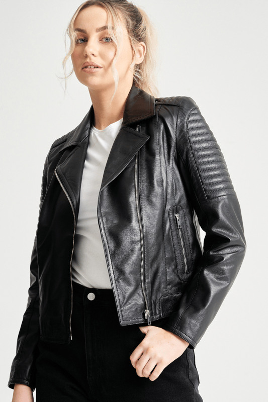 Barneys Originals Charli Leather Quilted Ribbed Sleeve Biker
