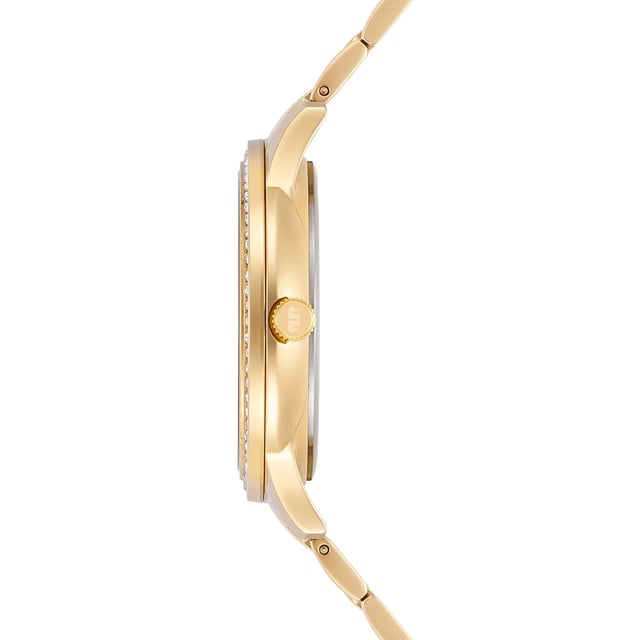 Would you like to enrich your watch collection with a model that combines multifunctionality and stylish glamor? Then this women's watch of the Rhodenwald & Sons label is an excellent choice. The design of the multi-layer dial is opulent and convinces with totalists for the weekday and date in the popular BICOmpax arrangement, striking line indices and night lighting. The moon phase display is striking. The robust stainless steel housing and the harmoniously coordinated limb strap are refined with an ion plate in yellow gold - for warm gold -gloss and best suitability for everyday use. Glamorous eyecatcher is the bezel, all around decorated with crystals from Swarovski®.
