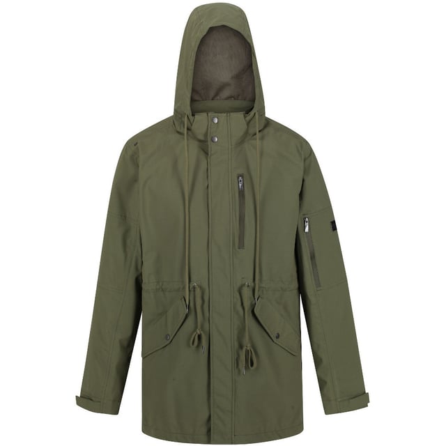 Waterproof and breathable Isotex stretch 5000/10000 fabric. Durable water repellent finish. Taped seams. Polyester mesh lining with polyester taffeta lined sleeves. Internal security pocket. Detachable hood with hook and eye fastening. Hood with drawcord adjuster. 1 zipped chest pocket. 1 zipped sleeve pocket. Adjustable cuffs. Adjustable drawcord waist. 2 lower pockets with flaps and branded snap fastening. Fishtail hem.