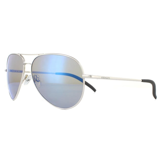 Serengeti Sunglasses Carrara 8547 Shiny Silver Mineral Polarized 555nm Blue are a classic aviator pilot style, with the iconic teardrop shaped lenses and double bridge. The temples have a hidden double flex spring hinge for a wider fit range for an updated version of the very popular aviator, here in the smaller size model. Photochromic lenses are Serengeti's speciality and the lightweight lenses will darken or lighten exceptionally well in differing light conditions.