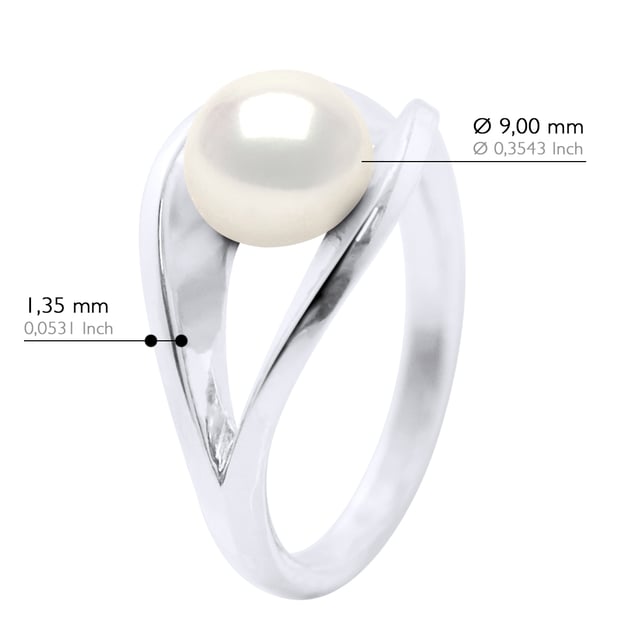 Ring Äkta odlad sötvattenspärla Knapp 8-9 mm - Öppnad av Silver 925 Rhodiumpläterad - FÄRG \"NATURLIG PÄRLVIT\" - finns i Storlek jämna nummer från 48 till 62 - Levereras i ask och med sitt Äkthetsintyg och Internationella Garanti - MADE IN FRANCE