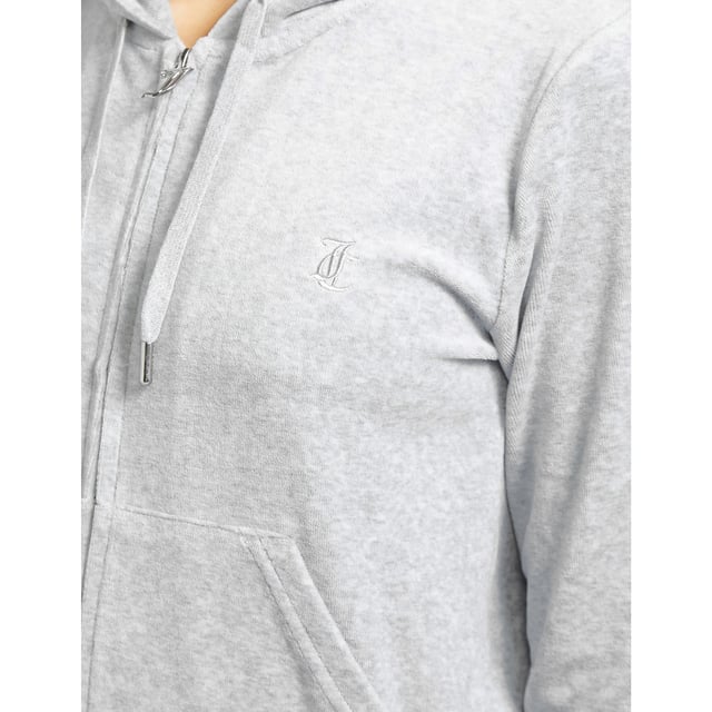 Founded in 1997  Juicy Couture are best known for their iconic track suits that were popularised in the early 2000's worn many celebrities such as Paris Hilton. The brand has made a comeback and is better than ever with more iconic styles to add to their ever growing loungewear collections. The brand presents to you this Robertson Hoodie which arrives in a grey colourway  the perfect addition to add to your luxury loungewear collection. Details: grey colourway  draw tie hood  fleece construction  ribbed cuffs and waistband  full zip fastening  split kangaroo pocket  tonal stitching  regular fit and branding to the chest to complete. For matching pants  search 504948