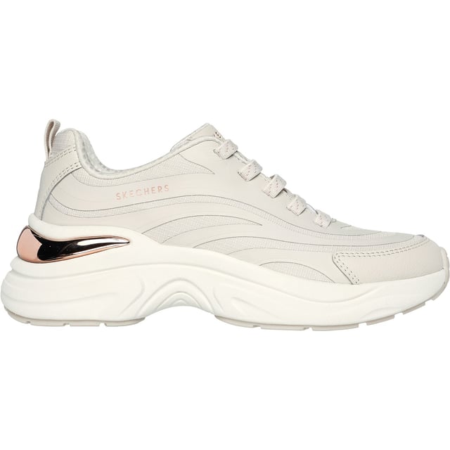 Hazel Step N Flow Trainer Boost your look with a trend forward statement in Skechers Street Hazel. This fashion sneaker features a hotmelt trimmed synthetic and mesh upper with metallic heel-cup detail, gold-flecked stretch laces, and a cushioned Memory Foam insole.
