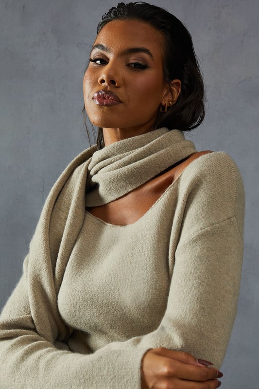 Knitted Slash Neck Scarf Detail Mini Dress