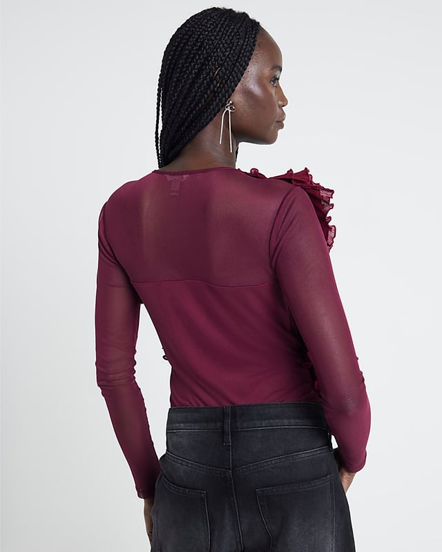 Mesh fabric, Frill detail on body, Crew neckline, Long sleeve