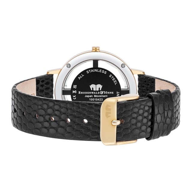 Do you love extravagant watches? Then this women's model from Rhodenwald & Söhne should not be missing in your collection: Reduced functionality combines with a modern interpretation of the skeleton look of traditional watchmaking to an eye-catcher on the wrist. A touch of skin shimmers between the dial and the bezel, bridged by four line indices, decorated with crystals from Swarovski®. The Sunray dial with Dauphine Zehern ensures a fascinating play of light. A scratch-resistant stainless steel housing with yellow gold cladding and a high-quality real leather strap with trendy carbon embossing complete the premium equipment.