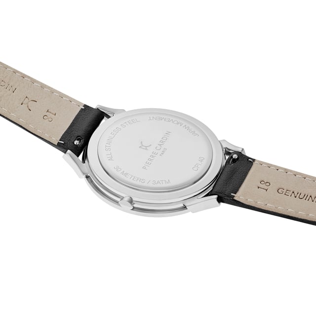 This Pierre Cardin Pigalle Stripes Analogue Watch for Men is the perfect timepiece to wear or to gift. It's Silver 40 mm Round case combined with the comfortable Black Leather watch band will ensure you enjoy this stunning timepiece without any compromise. Operated by a high quality Quartz movement and water resistant to 3 bars, your watch will keep ticking. This casual and modern watch is perfect for all kind of casual activities, indoor activities or daily use, it's also a great gift for family and friend. High quality 21 cm length and  18 mm width Black Leather strap with a Buckle Case diameter: 40 mm,case thickness: 6.55 mm, case colour: Silver and dial colour: White
