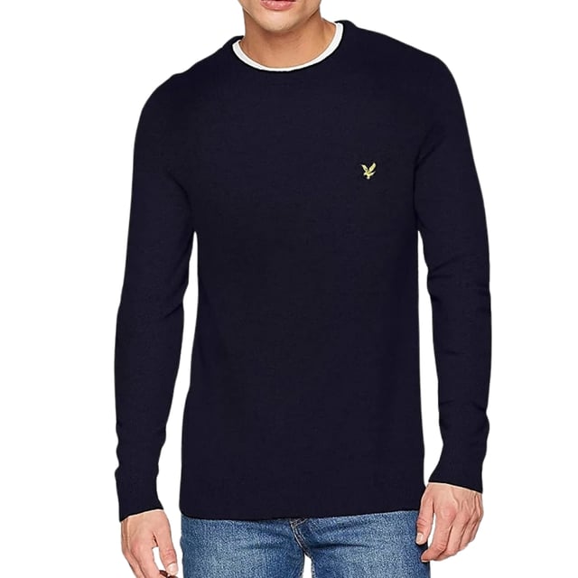 Stay in comfort and style with the Lyle &amp; Scott Branded jumper. This jumper fits true to size and features the signature Lyle &amp; Scott brand logo. Making a statement never looked or felt so good!, Elasticated Hem and Cuffs, Crew Neck Jumper, Lyle &amp; Scott Navy Sweater, 80% Wool, 20% Polyamide, Brand Logo On Left Chest, Regular Fit, Fits True To Size, Navy Blue Jumper