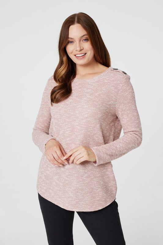 Elevate your casual wardrobe with this marled longline pullover. It has a round neck, long sleeves, a button embellishment at the shoulders, relaxed fit and a thigh length hem. Pair with jeans and trainers for an on-trend weekend look.