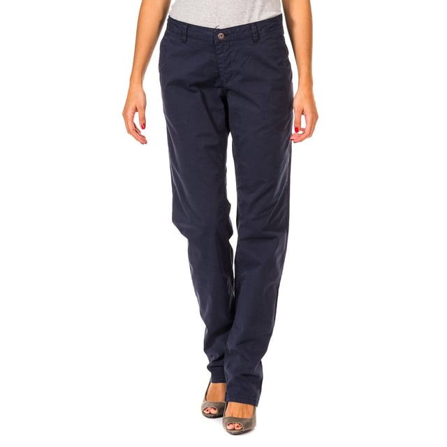 Long pants woman. 
 Navy Colour. 
 Zipper and button on the front. 
 Two open pockets on the front. 
 Stamping brand logo on the front side. 
 Two open pockets in the back. 
 Belt loops. 
 Fabric label with the brand name on the back of the waistband. 
 Netherlands with straight cut. 
 Seams views tone. 

 Composition: 
 - 100% cotton. 

 Washing instructions: 
 - Wash up to 40 ° C. 
 - Iron at medium temperature, max. 110C. 
 - Allows dryer. 
 - Do not bleach. 
 - Not allowed dry cleaning. 

 Composition: 100% Cotton
 Care:
Wash maximum at 40ºC.
 - Iron at medium temperature, max. 110ºC.
 - Allows you to use a dryer.
 - Do not use bleach.
 - Does not support dry cleaning.