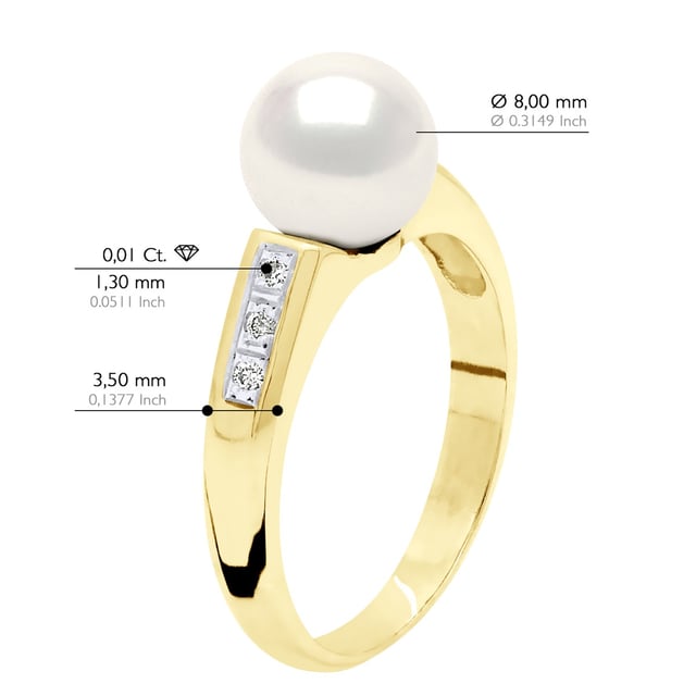 Ringsmycke Diamant 0,06 Cts (6 x 0,01 Cts - Kvalitet Hsi ) - Gult guld - Äkta odlad sötvattenspärla rund 8-9 mm - finns i storlek jämna nummer från 48 till 62 - Levereras med äkthetscertifikat och internationell garanti - MADE IN FRANCE