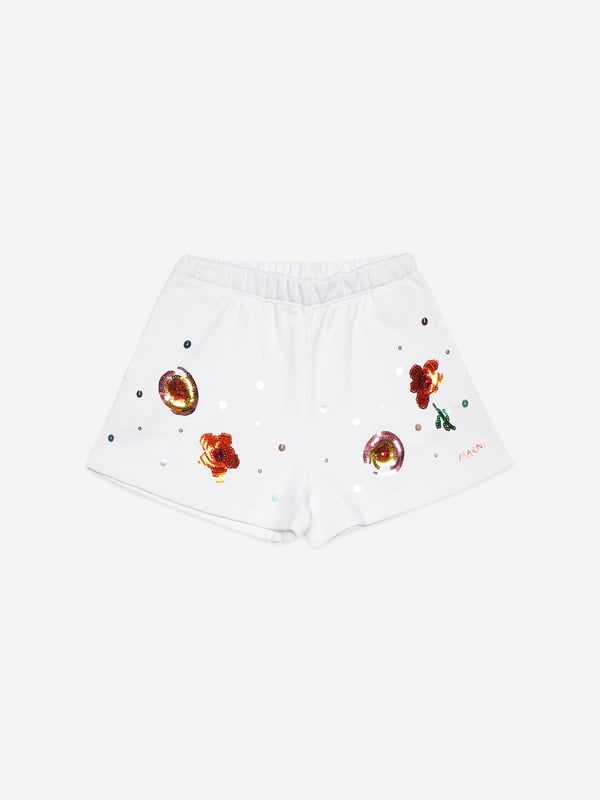 Marni embody innovation and high quality detailing in their sleek, everyday pieces. These girls shorts are a captivating summer piece to invest in. Envisioned in beautiful fleece with an elasticated waist and Sunny Day print embellished with sequins. They are accentuated by contrasting colour and an embroidered logo on the front.  Front Pockets On Both Sides 100% Cotton Application: 100% Polyvinylchloride Embroidery: 100% Polyester